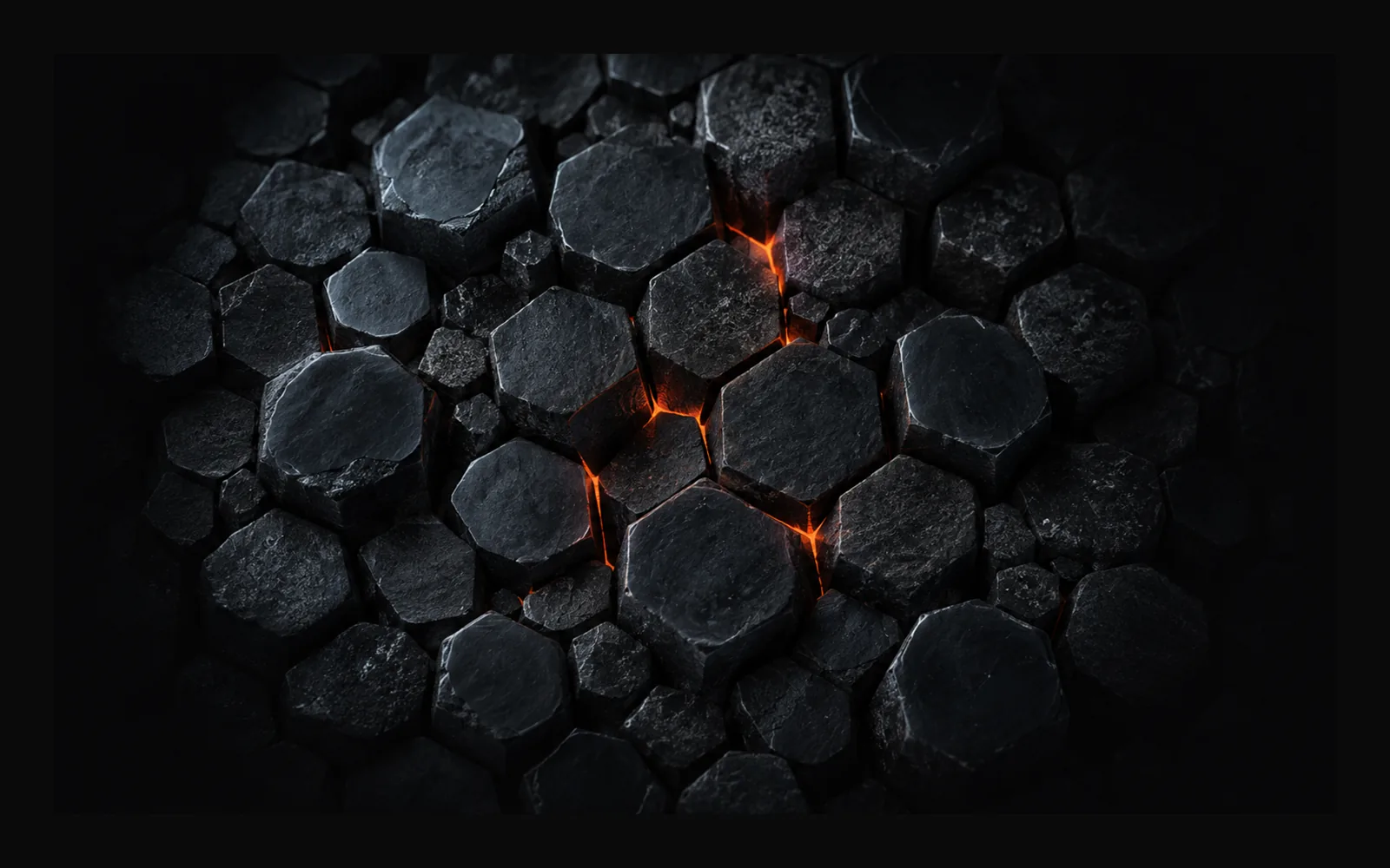 Basalt column field seen from above, with glowing cracks